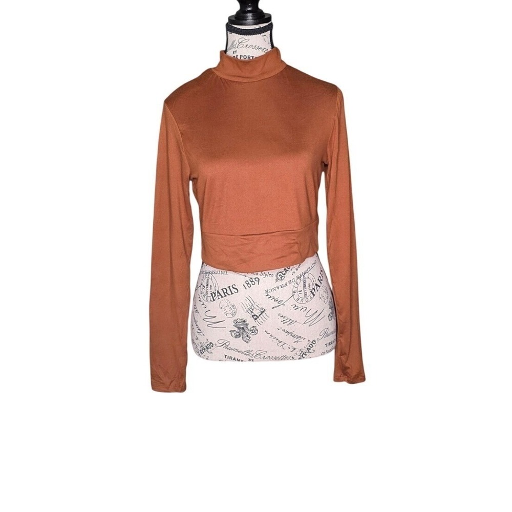 No Comment NY LA Tortoise Shell Mock Neck Crop Top Women's Sz S Long Sleeve NWT